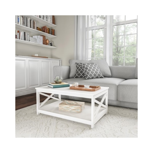 Hastings Home 2-tier Coffee Table with White Wood, Low Profile and X-Leg Design Room Furniture, Storage, Display 492379YWS - main